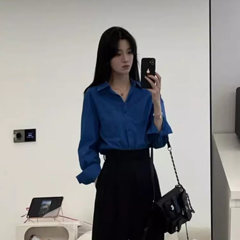 Chemise bleue amincissante à manches longues pour femmes, chemisier décontracté de Style de rue, couleur unie, polyvalent, basique, col rabattu, printemps automne