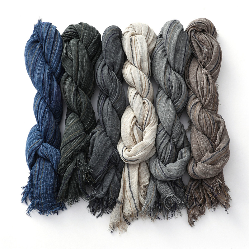 Écharpe rayée en coton et lin pour hommes et femmes, châles et enveloppes longs et doux, pompon court, accessoires masculins, automne hiver