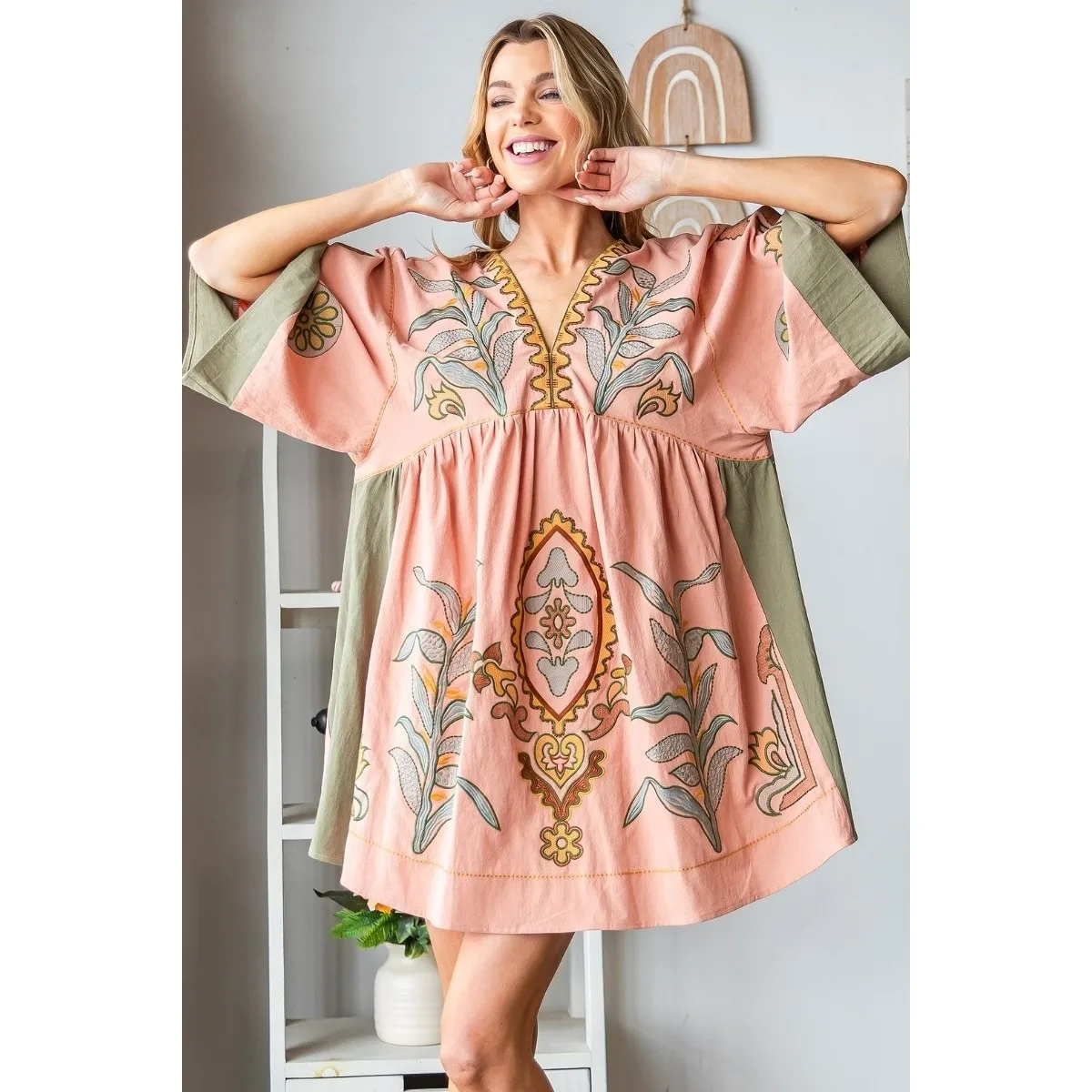 Mini Robe en Coton et Lin Style Boho pour Femme, Broderie Florale, Éducative, Manches Évasées, Décontractée, Surdimensionnée, pour l'Été