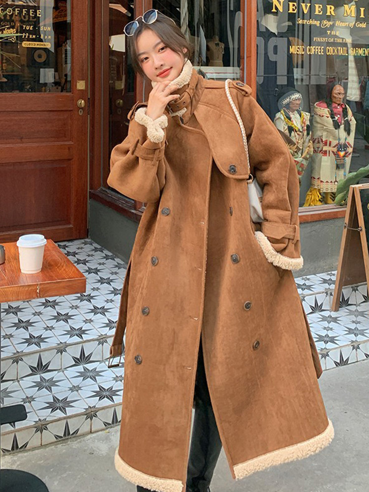 Manteau en daim épais et décontracté Maillard mi-longueur, longueur genou, avec fourrure, pour femme, nouvelle collection hiver 2026, couleur kaki