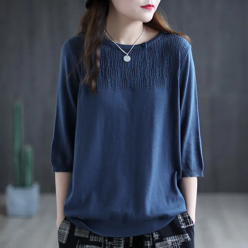 T-shirt Femme Col Rond Trois-quarts Décontracté Uni Nouvelle Collection Été – Haut Ample Tendance pour le Bureau