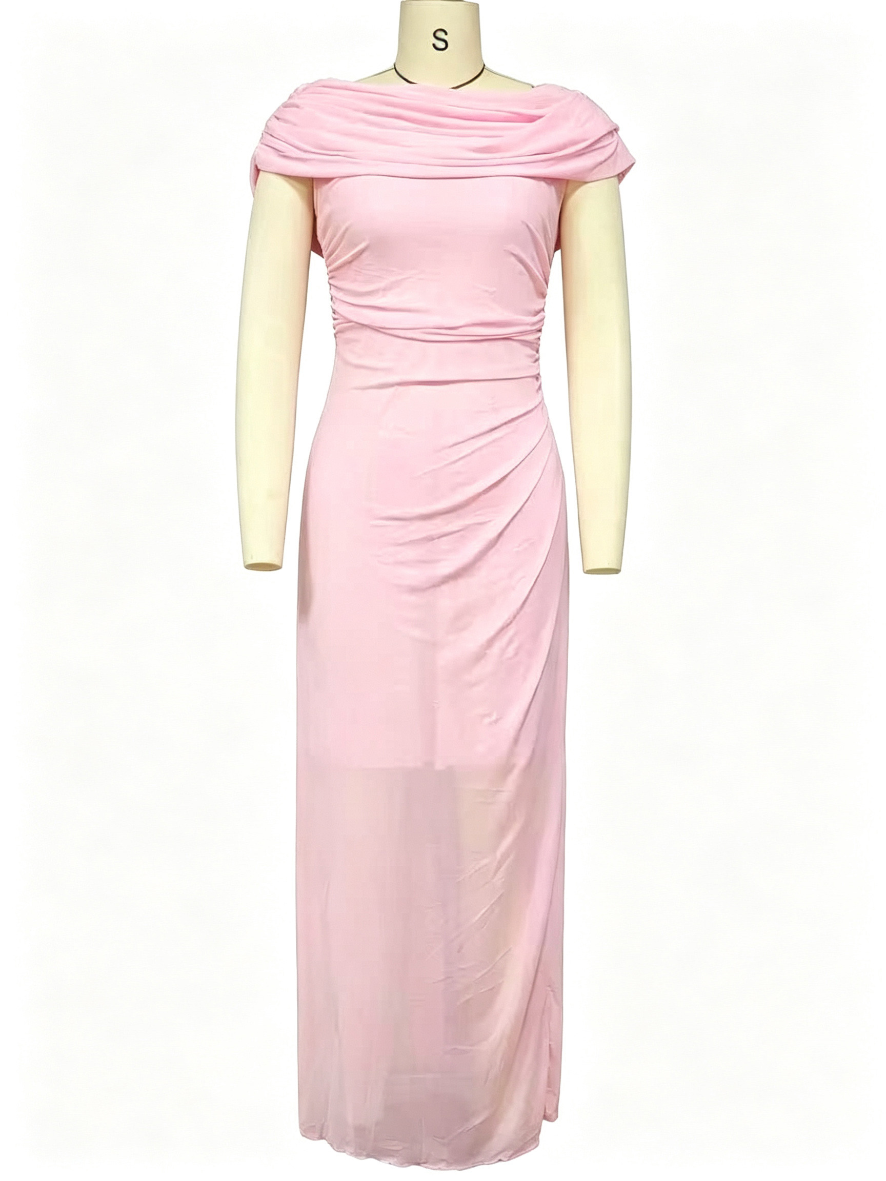 Robe élégante pour invitée de mariage, col bénitier, drapée, plissée, à col évasé, sans manches, robe longue de soirée, couleur unie.