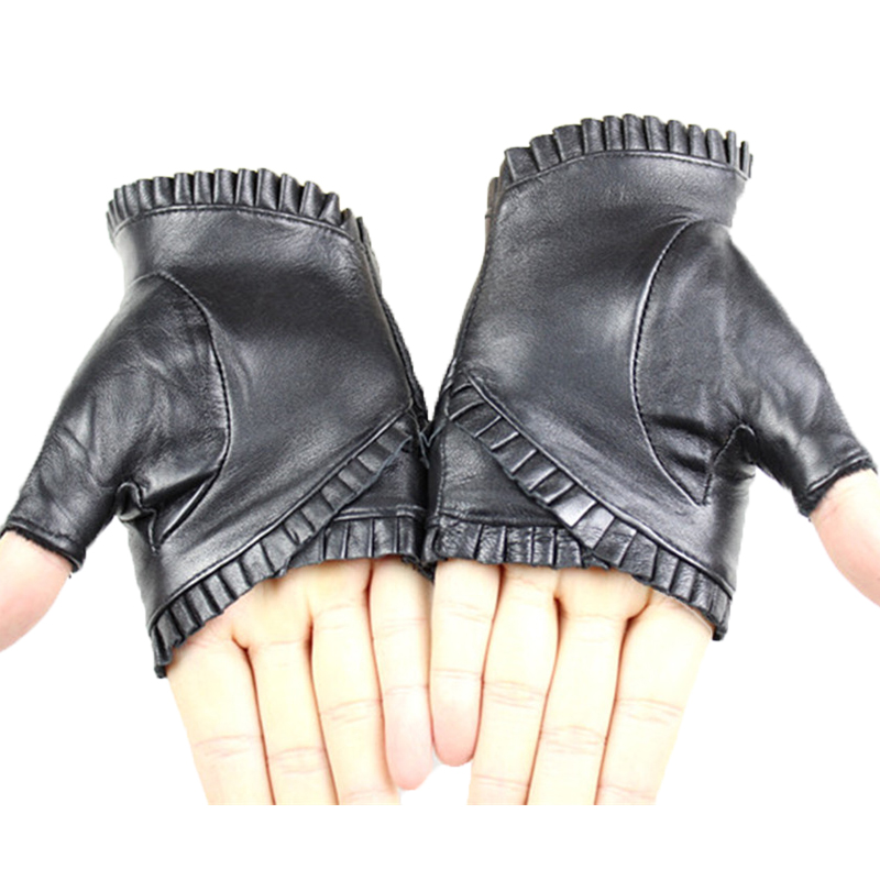 Gants en cuir demi-doigts pour femmes, style mode quatre saisons, en peau de mouton, pour la conduite, le sport en plein air et le cyclisme, antidérapants
