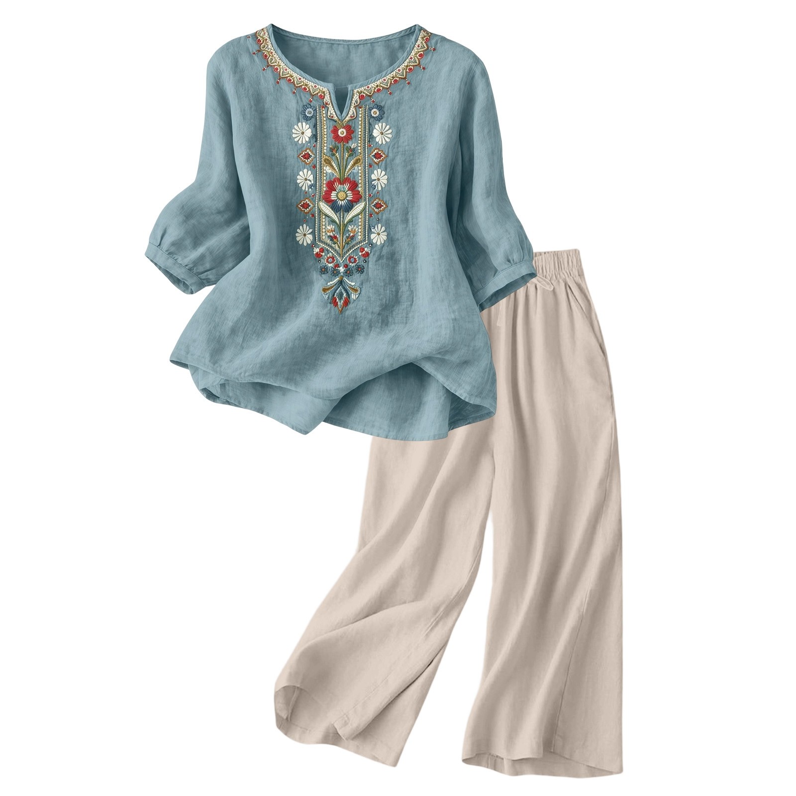 Nouvel ensemble deux pièces décontracté pour femme en coton et lin, avec broderie, hauts et pantalon large, manches 3/4, pour l'été