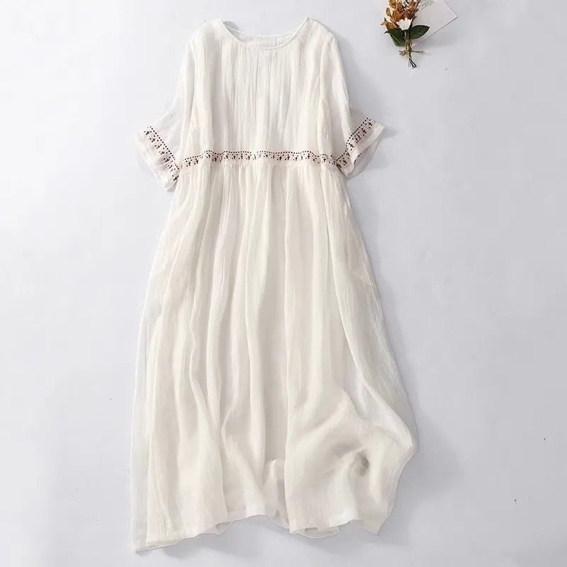 Robe d'été grande taille haut de gamme, style artistique rétro, ample, en coton et lin, coupe évasée, manches courtes, longueur mi-longue