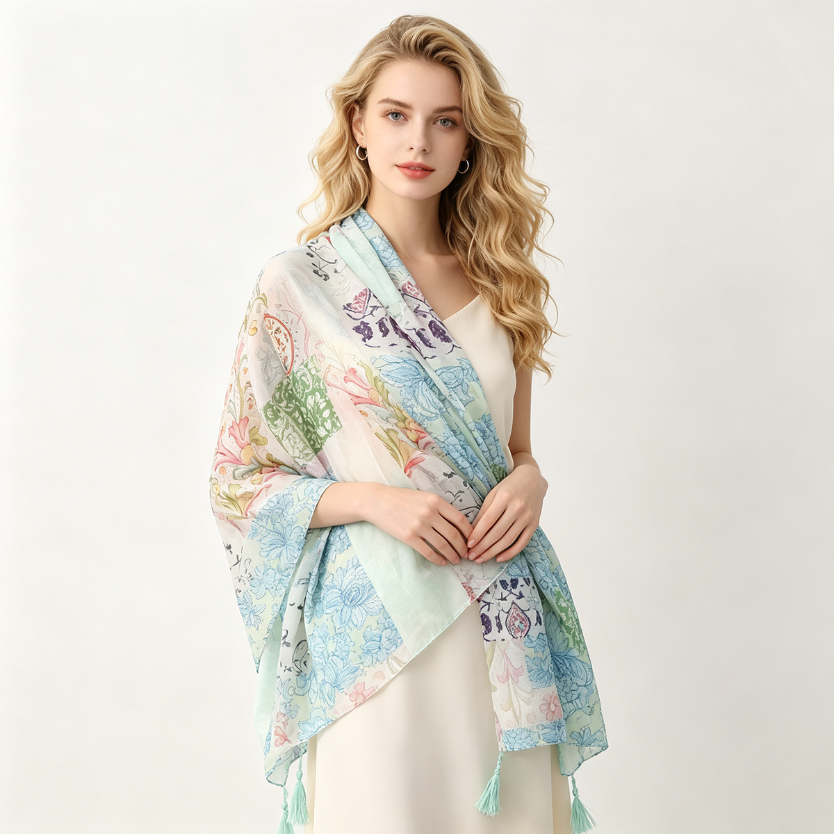Écharpe à franges à imprimé floral pour femmes, châle léger en patchwork, écharpe de cou décontractée et tendance 88x180cm