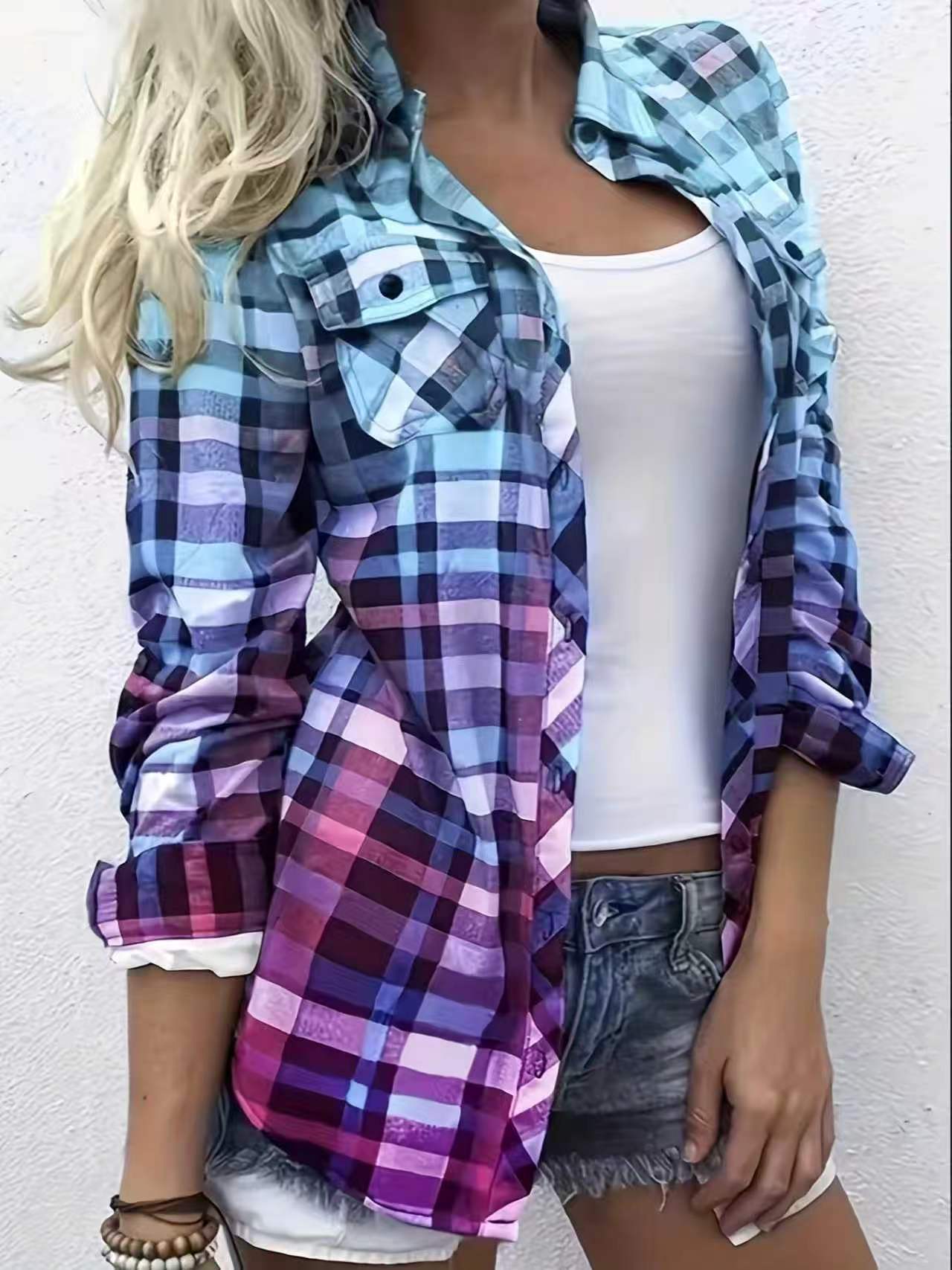 Chemise à manches longues à carreaux colorés pour femmes - Polyvalente pour les trajets quotidiens