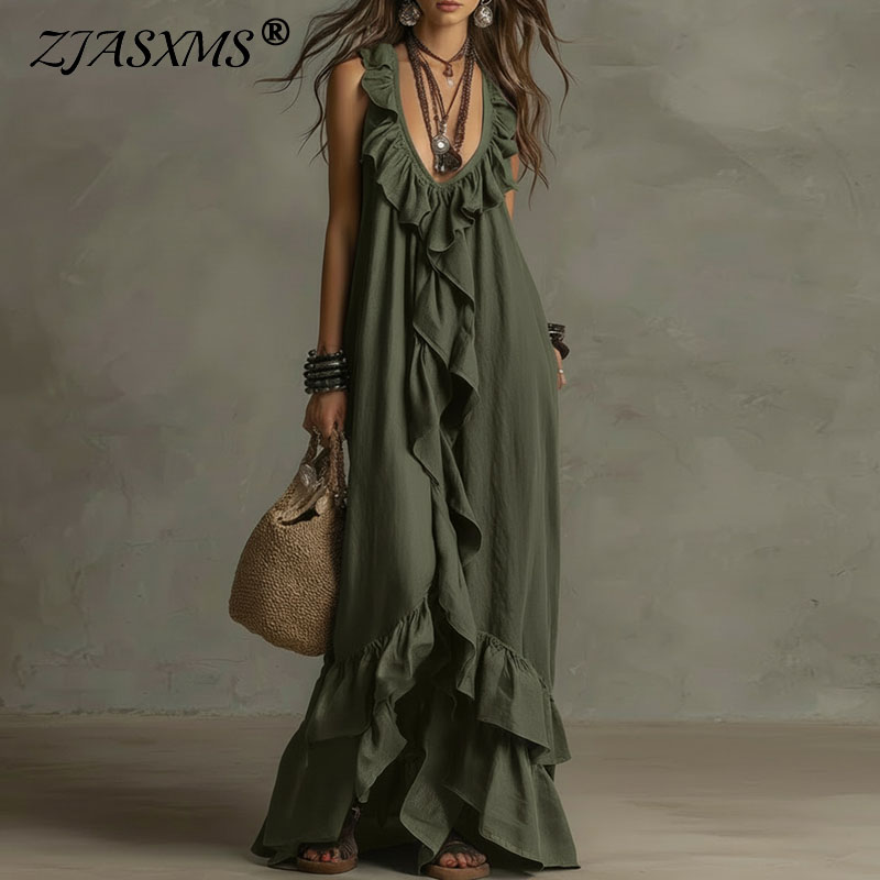 Robe longue maxi bohème à volants et ourlet irrégulier pour femme, col en V profond, ample, sans manches, unie, pour le printemps et l'été, idéale pour les fêtes et la plage, Nouvelle collection