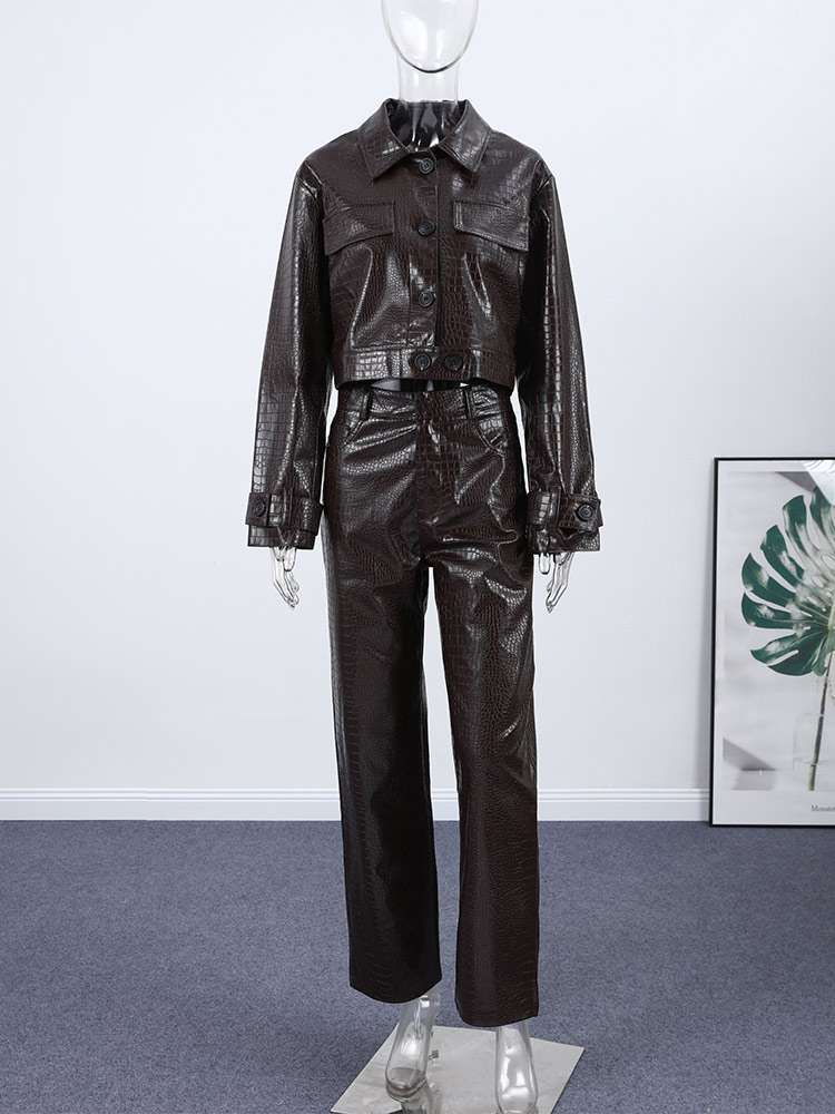 Ensemble pantalon en cuir pour femmes, Chic, simple boutonnage, vestes à manches longues, taille élastique, pantalon droit, costume, tenues pour dames, 2025