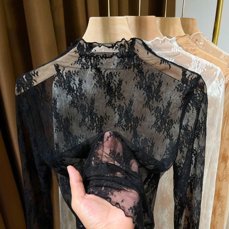 Chemisiers d'été pour femmes en dentelle brodée florale, hauts élégants en maille transparente à manches longues, chemises sexy transparentes