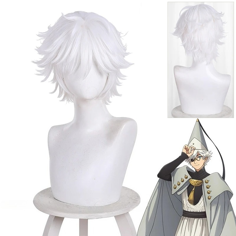 Perruque synthétique résistante à la chaleur, perruque courte et blanche, chapeau de sorcière Anime Atelier Qifrey, Tongari Boushi no Atelier