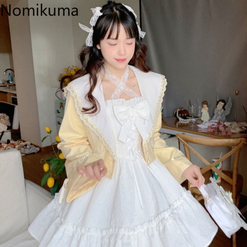 Robe d'été mignonne pour femmes, Style Lolita, douce japonaise, à bandes, avec nœud, à volants, blanche, 2025