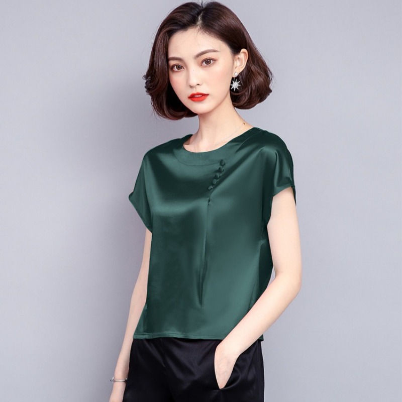 Chemisiers en mousseline de soie pour femmes, couleur unie, style soie, manches courtes, été