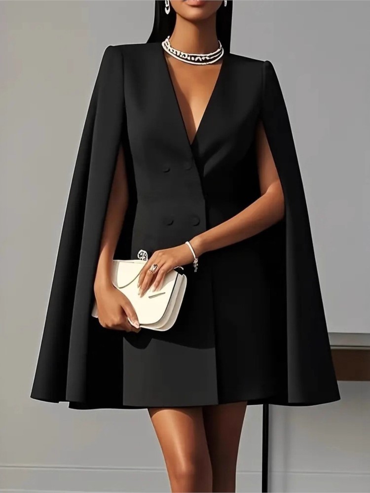 Robe de costume élégante à Double boutonnage pour femmes, Cape châle, couleur unie, mode automne, noir, décolleté en V profond, Mini robes