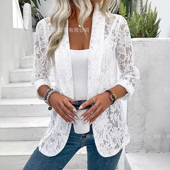 Nouvelle veste-cardigan élégante pour femme printemps/été, style petit tailleur, couleur unie, dentelle ajourée, manches longues, col à revers, chemise-veste Soat
