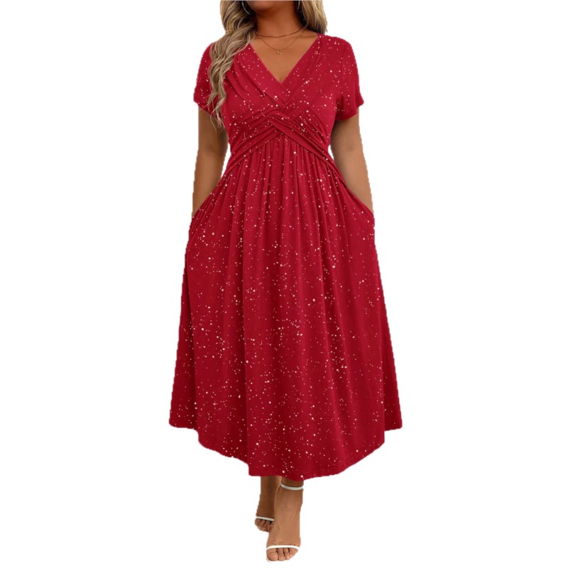 Nouvelle Robe Longue Élégante pour Femme, Col en V, Manches Courtes, avec Poches, pour Soirée Formelle et Mode Estivale