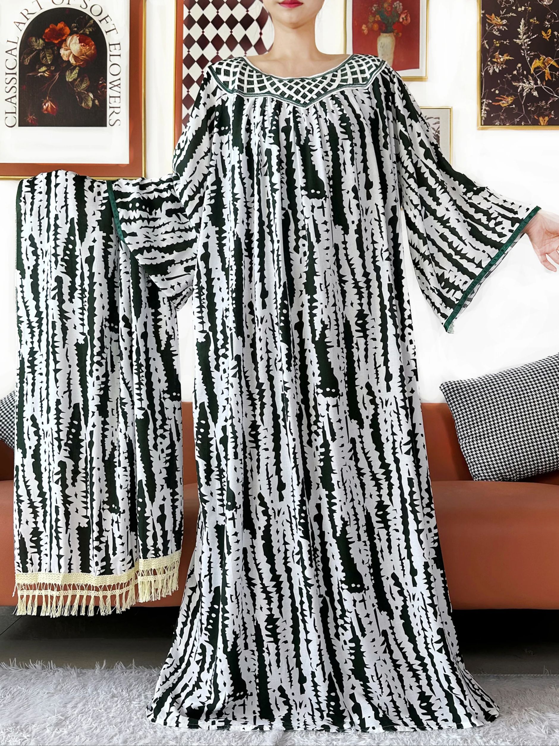 Vente chaude Design brodé col rond coton femmes longue ample Abaya Boho Maxi robe décontracté robe de mode robes africaines