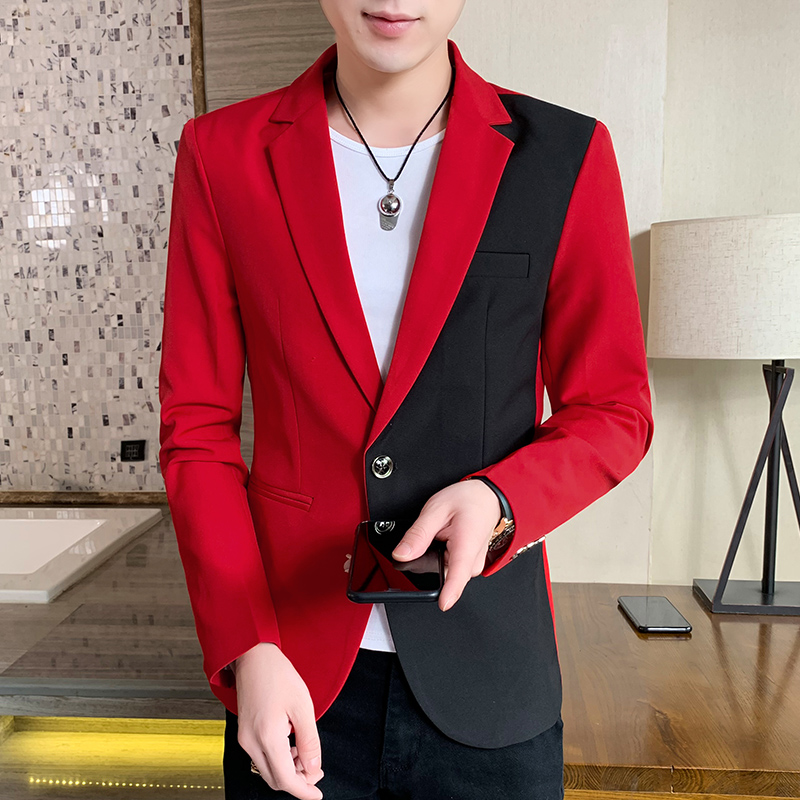 Blazer décontracté pour hommes, vêtements de mode coréens, veste imbibée de patchwork, vêtements fins d'été pour hommes, beau manteau ajusté, rouge, blanc, bleu