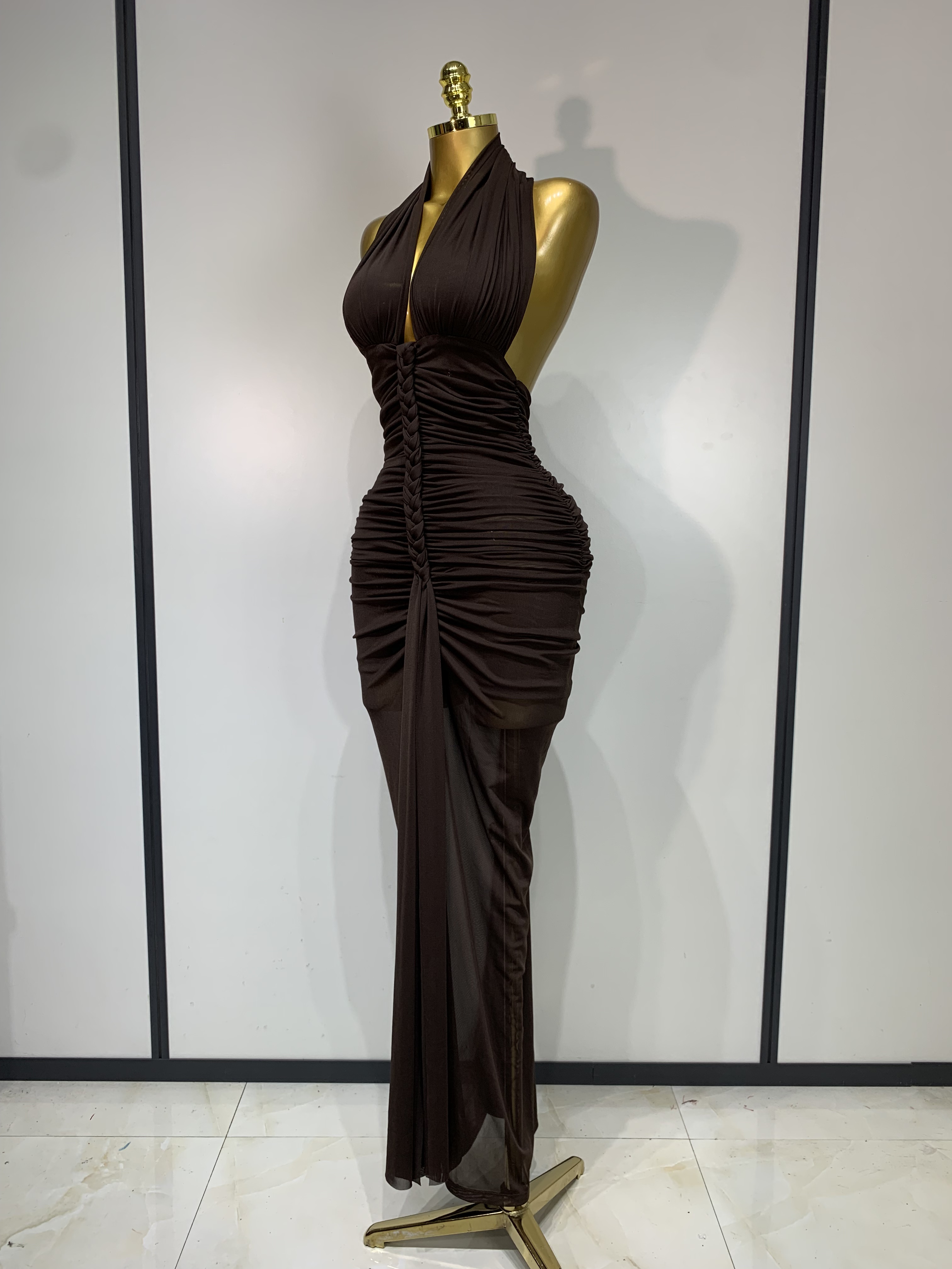 Robe longue marron sexy pour femme, dos nu, froncée, élégante, de soirée, de luxe, pour célébrités, anniversaire, boîte de nuit, cocktail, bal de promo