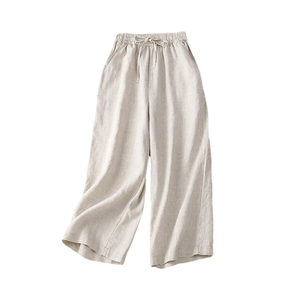 Pantalon en lin de coton pour femme, pantalon à jambes larges, pantalon à longueur de rinçage, vêtements élastiques, monochromatique, mode décontractée