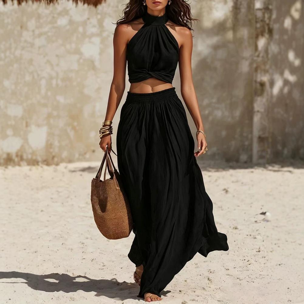 Tenues 2 pièces pour femmes, haut sans manches à col haut et pantalon à jambes larges, ensemble assorti pour l'été, tenues de vacances d'été