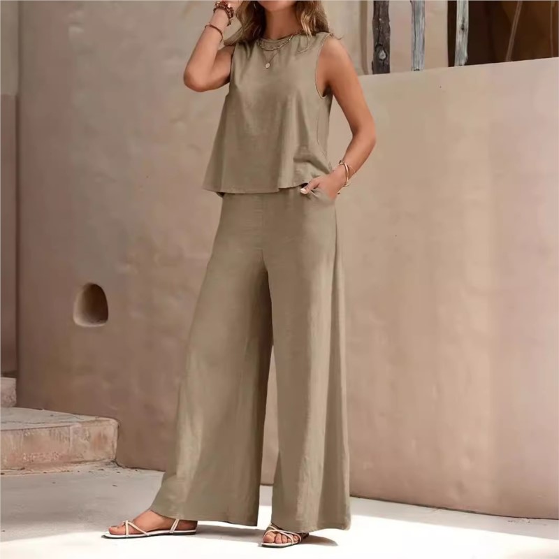 Nouveau femmes sans manches gilet et pantalon deux pièces ensemble mode couleur unie deux pièces col rond haut pantalon costume ensemble décontracté