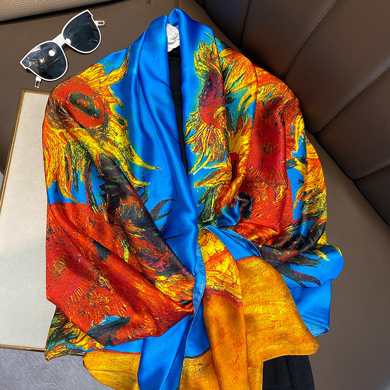 Van Gogh – écharpe en soie pour femmes, marque de luxe, imprimé tournesol, châle, Femme, plage, protection solaire, longue écharpe Hijab, été