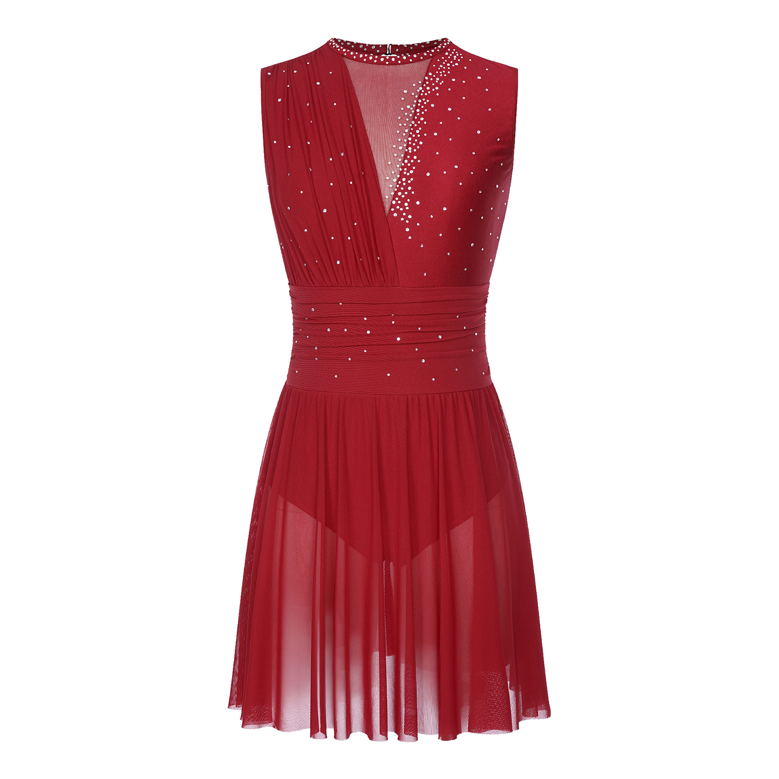 Robe de danse lyrique froncée pour femmes, col rond, sans manches, strass, dos nu, pour compétition de spectacle sur scène