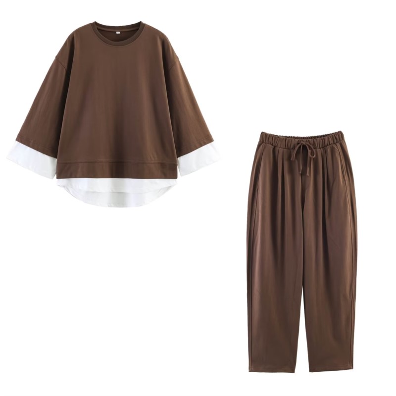Ensemble pantalon femme été col rond manches courtes haut contrastant taille élastique pantalon sarouel à lacets décontracté mode 2 pièces