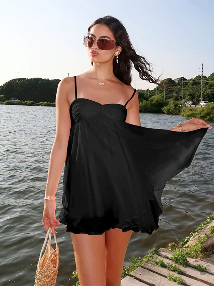 Robe courte sexy dos nu en mousseline rose pour femmes, à fines bretelles, fluide, été 2026, décontractée, pour la plage, les vacances et les soirées.