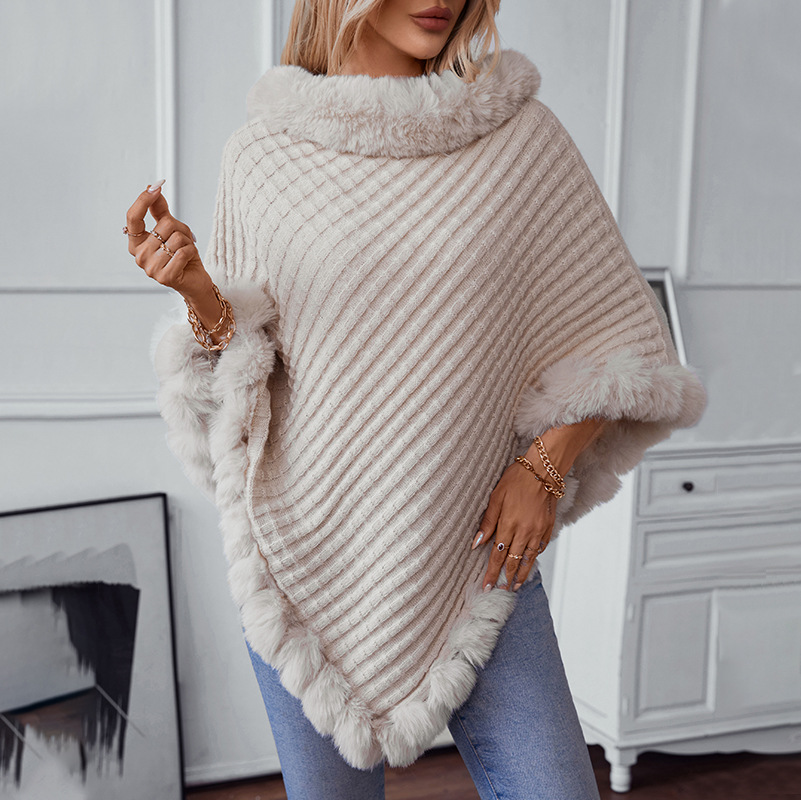 Nouveau en hiver couleur unie col de fourrure pull châle femmes mode épais chaud tricoté Poncho décontracté luxe Cape vêtements d'extérieur