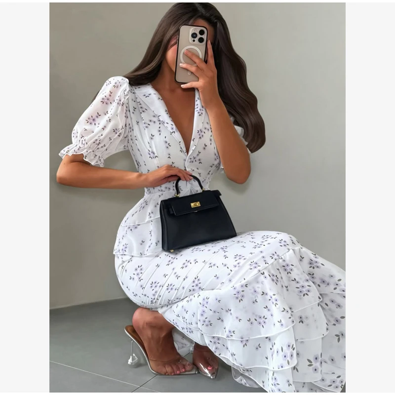 Nouvelle Robe Plissée Imprimée à Col en V et Taille Cintrée, Manches Courtes à Revers, Taille Haute, Longueur Midi, Élégante pour Femme, Collection Été