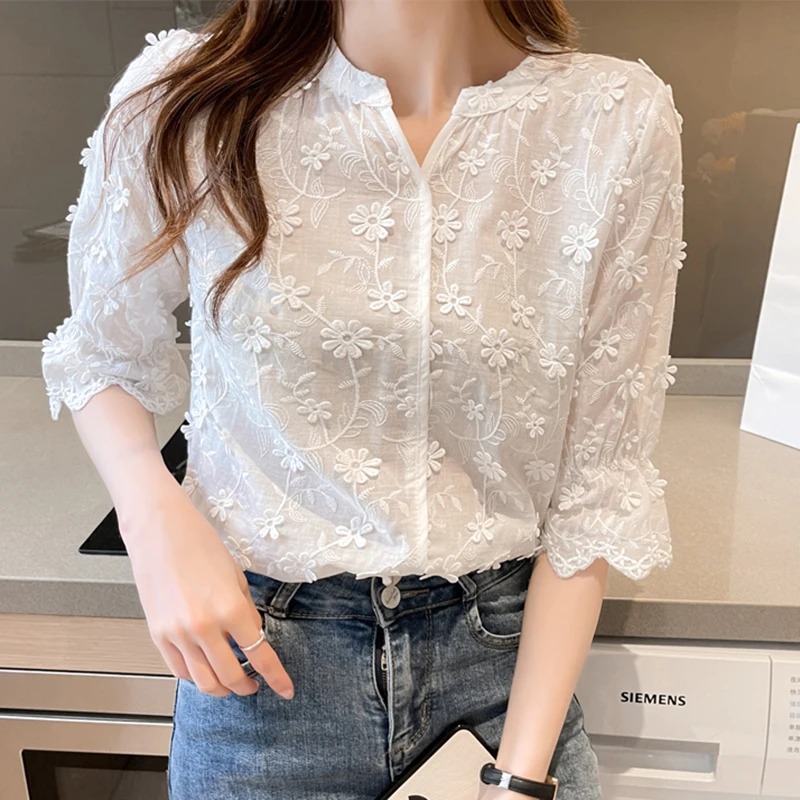 Chemisier en dentelle à manches courtes en coton pour femmes, hauts d'été, broderie florale, chemise blanche, chemisiers décontractés à la mode, 9638