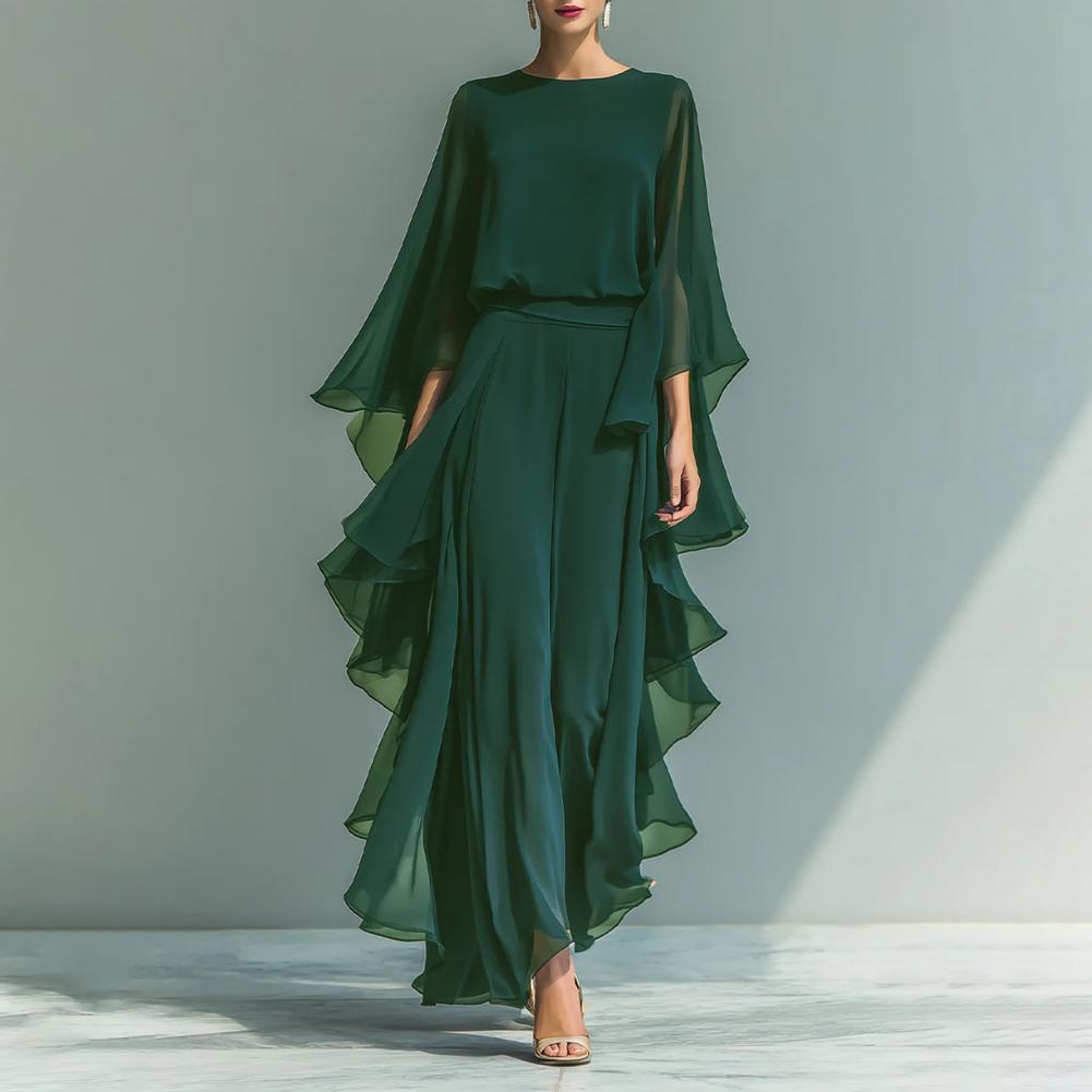Ensemble deux pièces pour femme, haut et pantalon, coupe ample décontractée, chemise à manches cloche à volants, couleur unie, pantalon à jambes larges