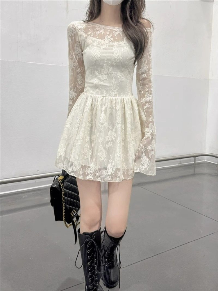Robe en dentelle à manches longues pour femmes, Kpop complet, ample, tendance, courbe, Harajuku, épais, Style coréen, robes de vacances à la mode pour femmes