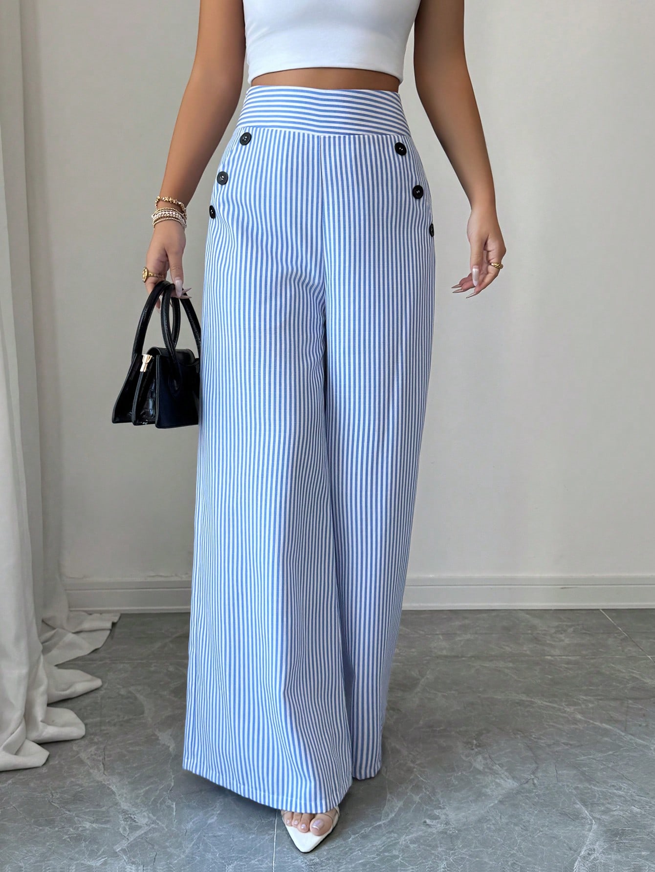 Pantalon large rayé élégant |   Pantalons confortables à taille haute pour le bureau et les occasions décontractées