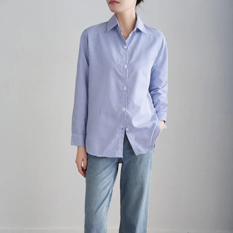 Chemise à rayures bleues pour femmes, ample, décontractée, manches longues, vêtements à la mode pour dames, vêtements de bureau, printemps automne