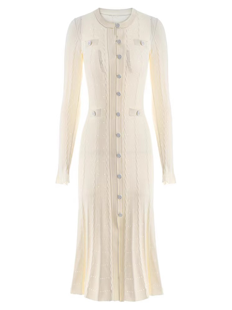 Robe tricotée française pour femmes, automne hiver, manches longues, moulante, Vintage, manches longues, simple boutonnage, ajourée, longue Robe