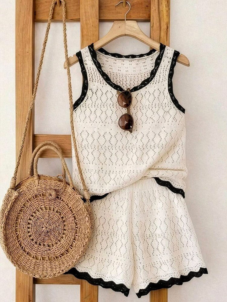 Style vacances d'été à la plage : Ensemble 2 pièces sexy pour femme, débardeur et short en maille sans manches, col ondulé, ajouré et color-block