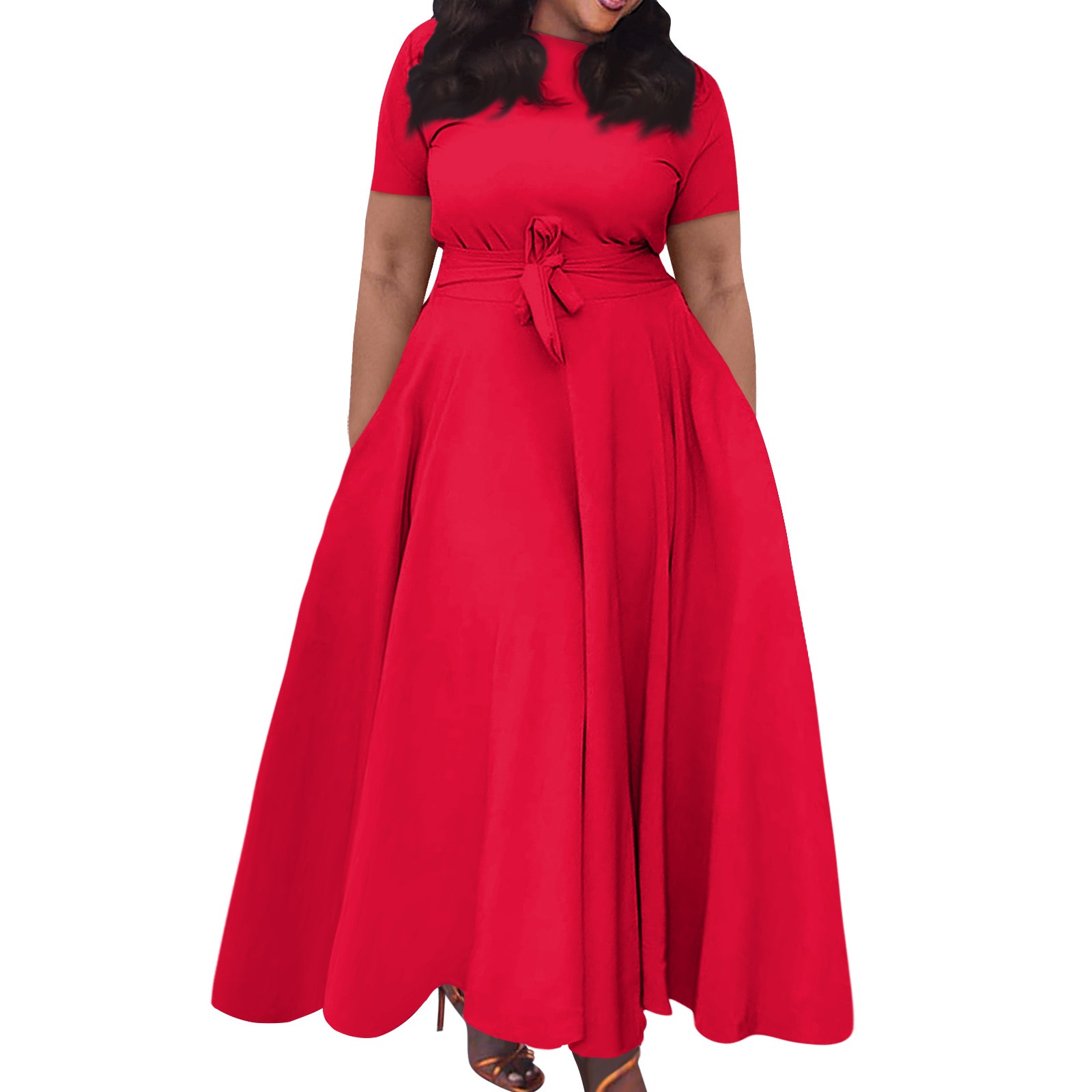 Robe longue décontractée pour femmes, grande taille, sexy, couleur unie, col rond, manches courtes, poche, bretelles, balançoire, elbise