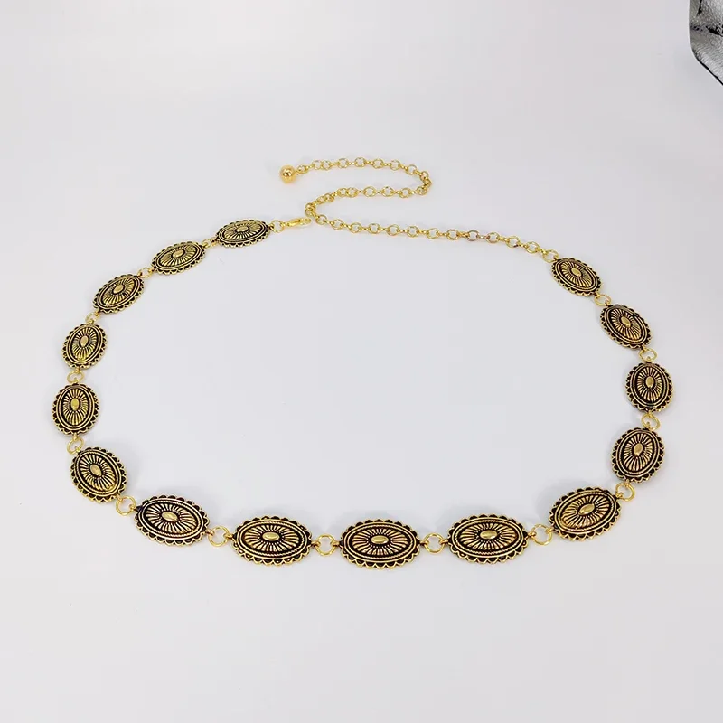Accessoires de chaîne de taille de style ethnique, ceinture polyvalente bohème, robe haut de gamme avec ceinture en métal rétro pour femmes