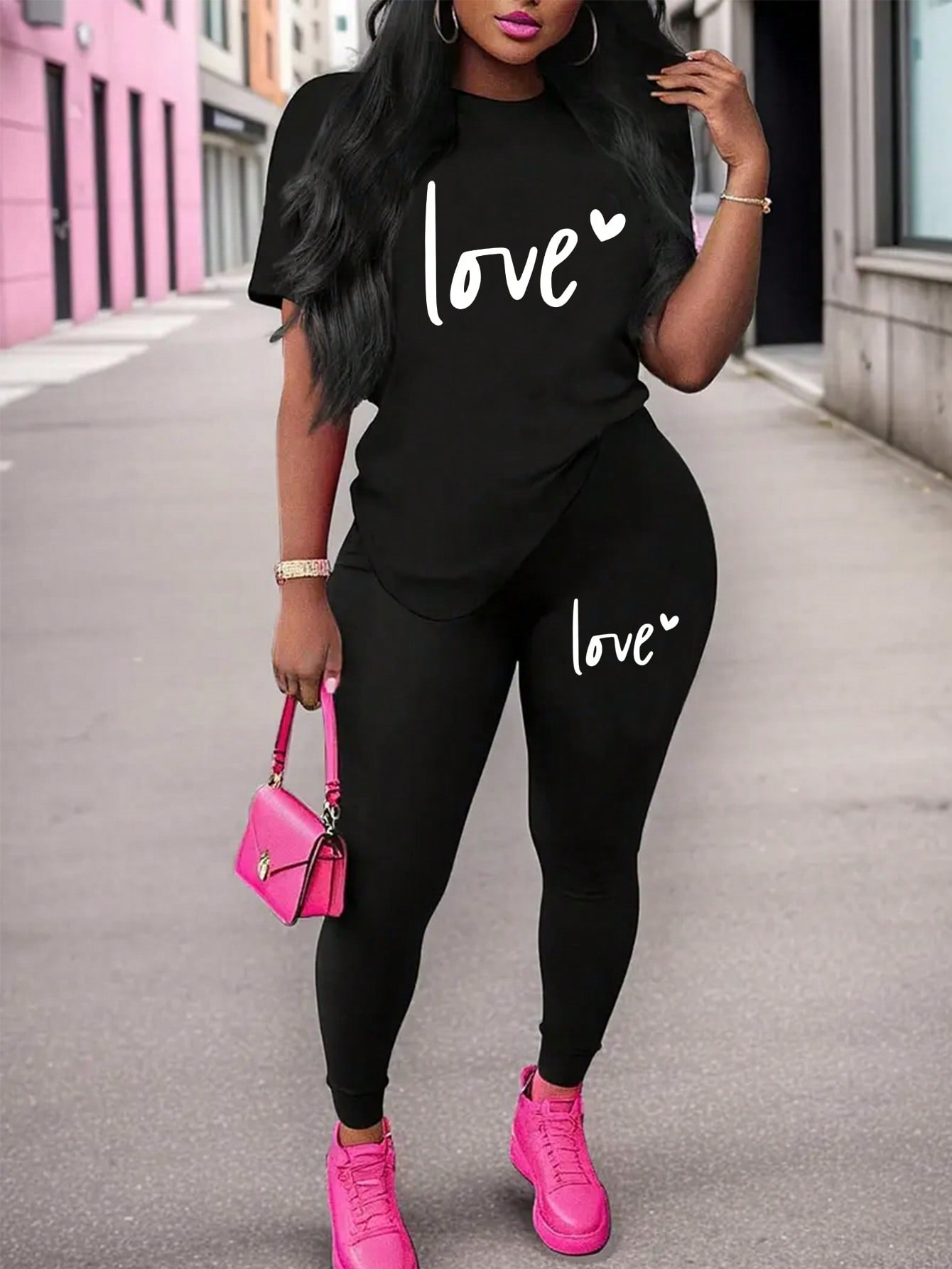 Ensemble décontracté deux pièces printemps-été, exprimant l'amour, t-shirt à col rond à manches courtes et pantalon, vêtements pour femmes