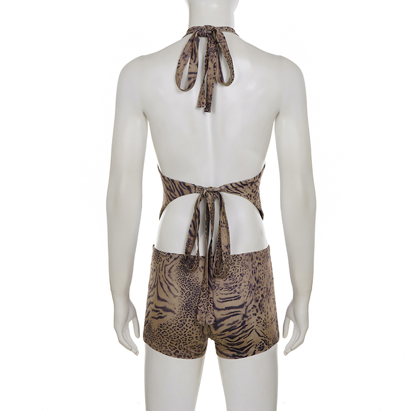 Ensemble 2 pièces pour femme SUCHCUTE, imprimé léopard, haut court dos nu à col en V profond et short taille basse, vêtements d'été sexy 2 pièces