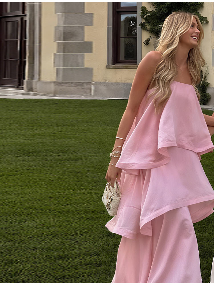 Chic rose doux couche ourlet licou robe sans manches une ligne fête Maxi Robes élégantes longues Robes 2026 solide Robes de banlieue