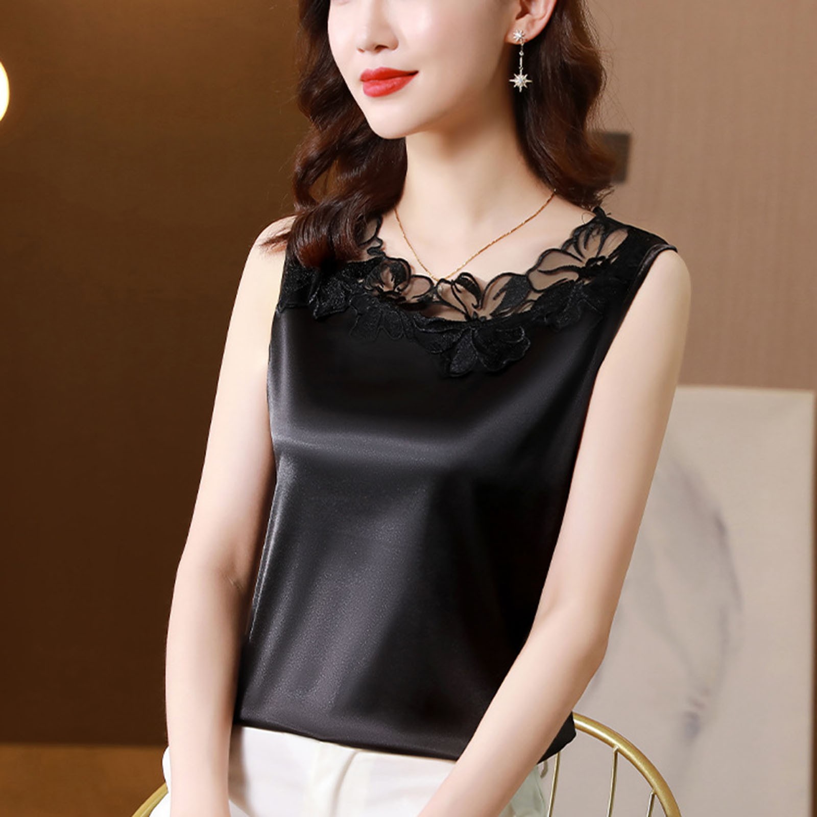 Débardeur d'été en Satin de soie pour femmes, Style coréen, chemisier sans manches en dentelle, élégant, Chic, solide, gilet OL, vêtements pour femmes