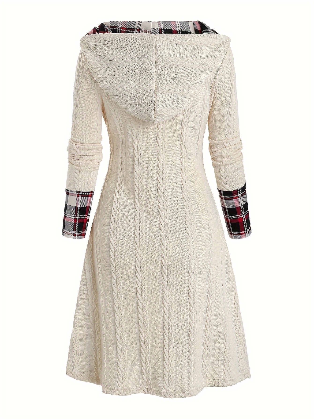 Robe tricotée à capuche, imprimé à carreaux, couture, fausse boucle, taille haute, manches longues, robe trapèze pour femme