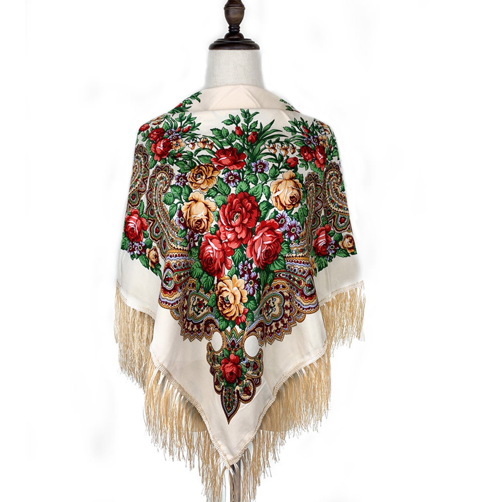 Foulard carré russe imprimé Floral de luxe pour femmes, châle traditionnel ukrainien à franges, Bandana Babushka, 115x115cm