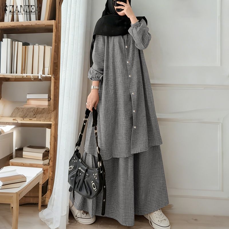 2026 ZANZEA Ensemble de survêtement musulman pour femme, 2 pièces, comprenant une robe chemise longue à manches longues et une jupe kaftan, tenue oversize à carreaux