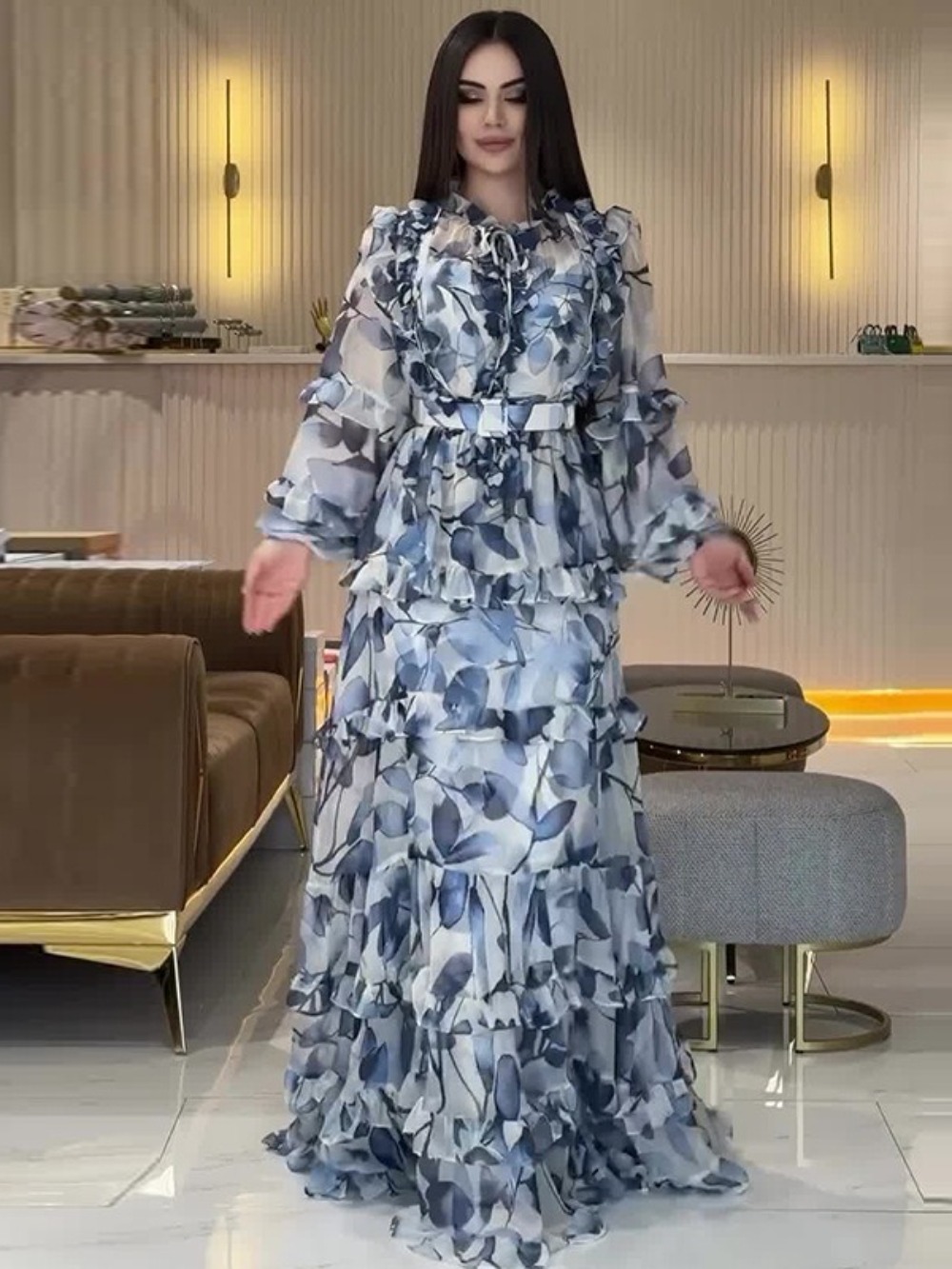 Eid femmes Robe de soirée Abaya musulman à volants imprimé Jalabiya Ramadan doux longues robes robes Largos caftan arabe longue Robe 2025