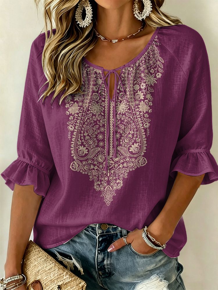 Chemisier pour femme violet brodé à motif cachemire avec col noué, hauts amples décontractés pour le printemps, l'été, le quotidien et les occasions de vacances